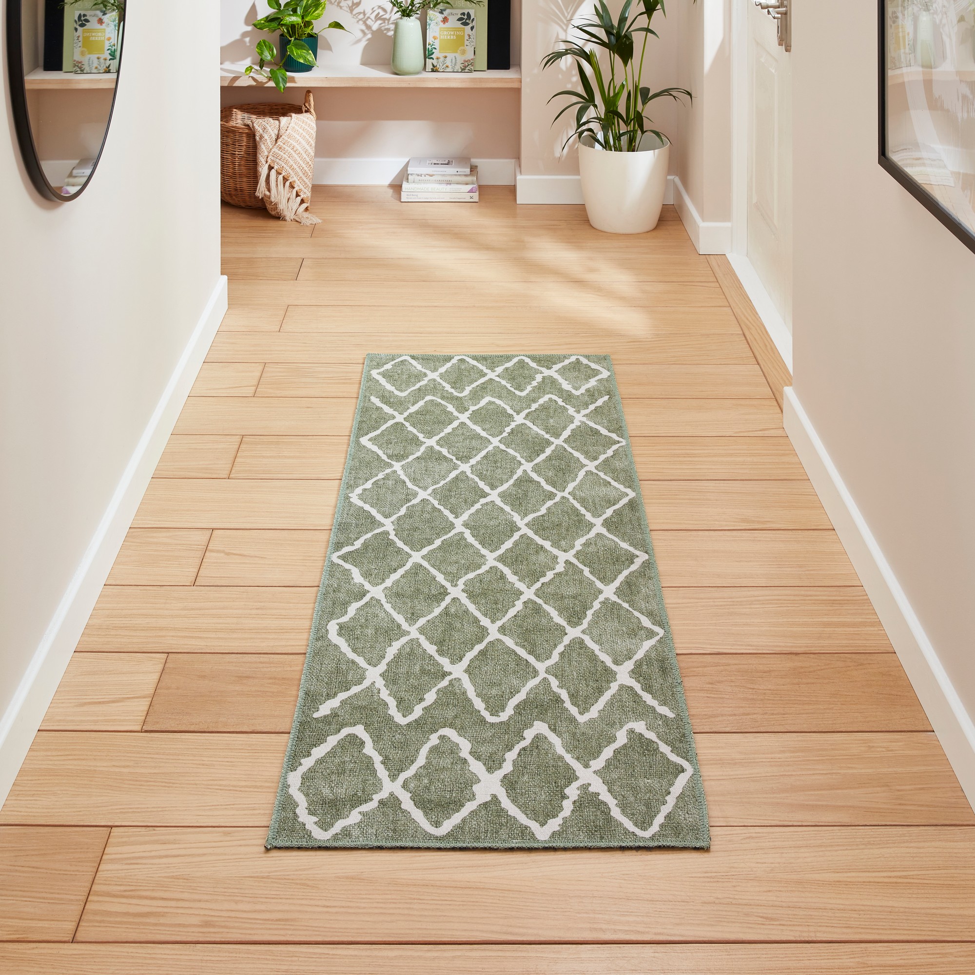 Coral H1060 Modern Washable Geometric Runner Rugs In Green